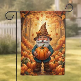 Garden Gnome Embracing Pumpkin Autumn Leaves Forest - Fall Home Decor Garden Flag
