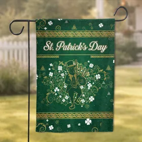 Emerald Green Leprechaun Bagpiper Celtic Shamrock Clover St. Patrick's Day Festive Celebration Garden Flag