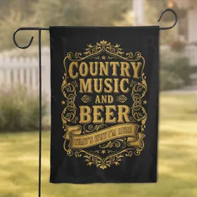 Metallic Gold Country Music Beer Text Scrollwork Banner - Home Decor Gift Garden Flag