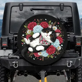 Charming Fluffy Black Cat Bandana Golden Eyes Crimson Blue Floral - Cat Lover Gift Spare Tire Cover