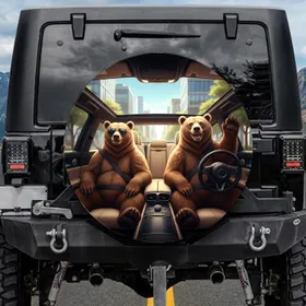 Waving Grizzly Bear and Aviator Bear Driving Modern Car - Adventure Seeker Gift Spare Tire Cover