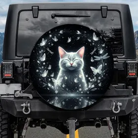 Ethereal Cat Butterflies Dragonflies Bioluminescent Night Sky - Cat Lover Gift Spare Tire Cover