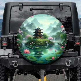 Asian Pagoda Emerald Lake Pink Lotus Lily Pad Waterfalls - Home Decor Gift Spare Tire Cover