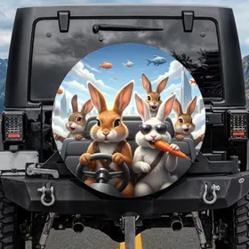 Six Rabbits Journey Cityscape - Travel Essentials Gift for Adventure Seekers Spare Tire Cover