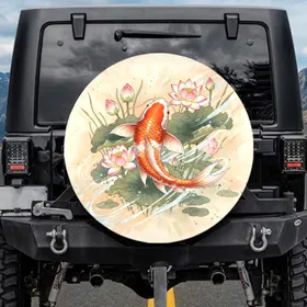 Koi Fish Lotus Flowers Aquatic Plants Water Ripples - Vehicle Decor Gift Spare Tire Cover