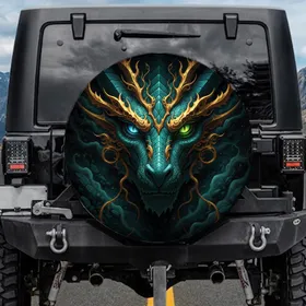 Ancient Dragon Face Mismatched Eyes Gold Accents Swirling Tendrils - Fantasy Lover Gift Spare Tire Cover