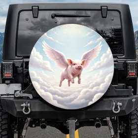 Realistic Feathered Pink Angel Wing Baby Pig Soaring Clouds - Wildlife Lover Gift Spare Tire Cover