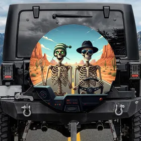 Anthropomorphic Skeletons Driving Desert Highway - Road Trip Gift for Drivers Spare Tire Cover