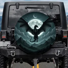 Mythic Soaring Black Dragon Full Moon Night Sky Mountain Peaks - Fantasy Gift Spare Tire Cover
