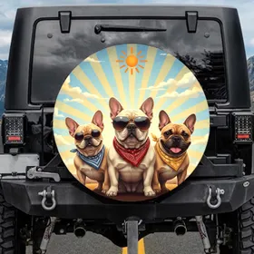 French Bulldogs Sunglasses Bandanas Sunrays Blue Sky - Pet Owner Car Gift Spare Tire Cover
