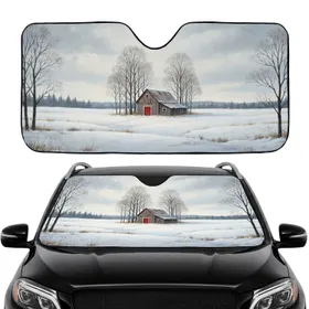 Isolated Rustic Barn Red Door Snowy Field - Winter Travel Road Trip Gift Car Sunshade