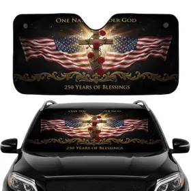 Christian Cross American Flag One Nation Under God 250 Years Blessings Road Trip Gift for Veterans Car Sunshade