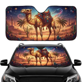 Majestic Stained Glass Camel Arabian Desert Twilight Scene - Road Trip Gift Car Sunshade