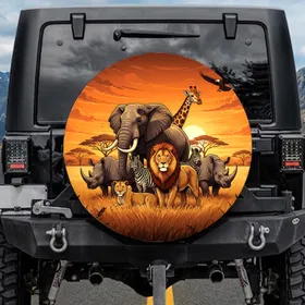 African Elephant Lion Zebra Rhinoceros Giraffe Savanna Sunset Wildlife Lover Gift Spare Tire Cover