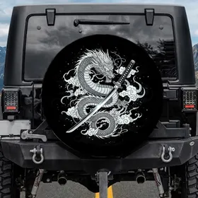 Japanese Dragon Flowing Mane Katana Sword Spirit Clouds Black Void Travel Essentials - Dragon Lover Gift Spare Tire Cover