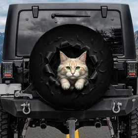 Curious Cat Face Jagged Rip Torn Paper Edges - Pet Owner Vehicle Accessory Spare Tire Cover