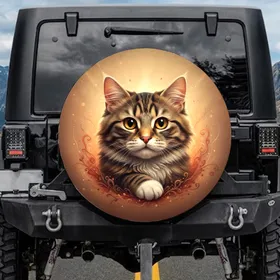 Fluffy Tabby Cat Face Golden Eyes Pink Nose - Cat Lover Vehicle Accessory Gift Spare Tire Cover