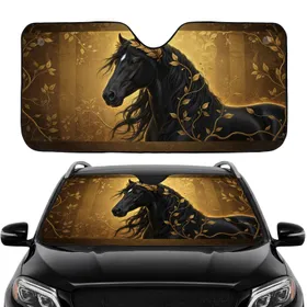 Majestic Black Horse Ornate Laurel Wreath Intricate Branches - Driving Commute Accessory Car Sunshade