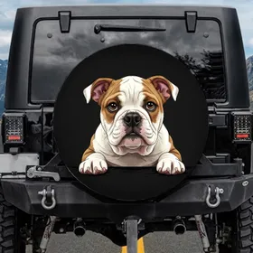 Expressive Curious Friendly Bulldog Puppy on Ledge Black Background Dog Lover Gift Spare Tire Cover