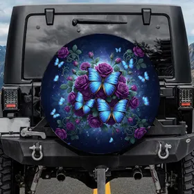 Electric Blue Morpho Butterfly Deep Purple Rose Floral - Nature Lover Home Decor Gift Spare Tire Cover