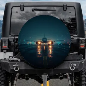 Commercial Passenger Jet Airplane Wet Runway Night - Travel Essentials Gift for Aviation Lover Spare Tire Cover