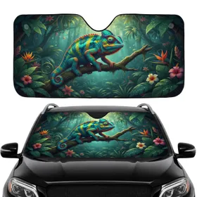 Iridescent Chameleon Perched Branch Tropical Jungle Exotic Flowers - Car Interior Upgrade Car Sunshade