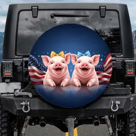 Patriotic Pink Baby Pigs American Flag Independence Day Celebration for Family Spare Tire Cover
