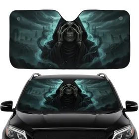 Grim Reaper Skull Ancient Ruins Ethereal Mist Stormy Sky Road Trip Accessory Car Sunshade