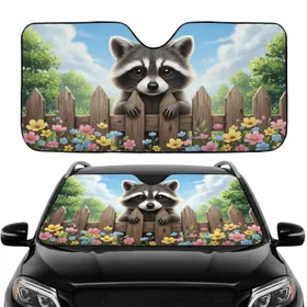 Baby Raccoon Wildflower Fence Sky - Wildlife Lover Travel Commute Car Interior Upgrade Car Sunshade