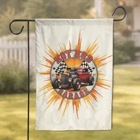 Vintage Hot Rod Car Racing Flag Sunburst Garage Emblem - Automotive Lover Gift for Him Garden Flag