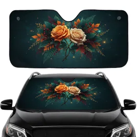 Golden Orange Cream Roses Autumn Berry Leaves Golden Sprigs - Car Interior Upgrade Car Sunshade