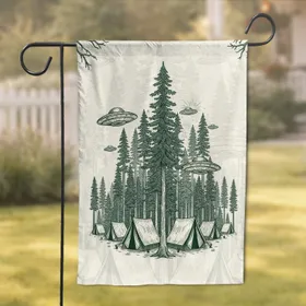 Flying Saucer Forest Camp - Wilderness Adventure Home Decor Gift for Camping Lover Garden Flag