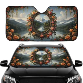 Majestic Snowy Mountain Lake Ornate Baroque Frame Roses Travel Essentials Car Sunshade