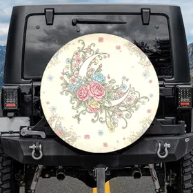 Crescent Moon Pastel Roses Blossoms Botanical Vines Home Decor Gift Spare Tire Cover