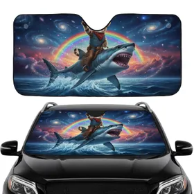 Fearless Cowboy Cat Riding Great White Shark - Cosmic Stars Travel Essentials Car Sunshade