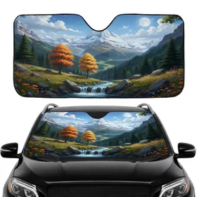 Jagged Snow-Capped Mountain Alpine Landscape Autumn Valley Stream - Road Trip Essential Car Sunshade