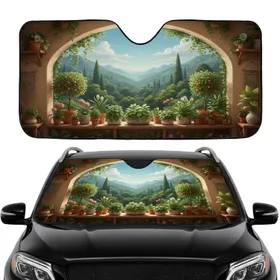 Potted Plants Arch Window Verdant Mountains - Car Interior Upgrade Car Sunshade