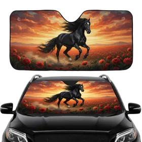 Black Friesian Horse Gallop Sunset – Flowing Mane Tail, Red Orange Blossoms Car Interior Upgrade Car Sunshade