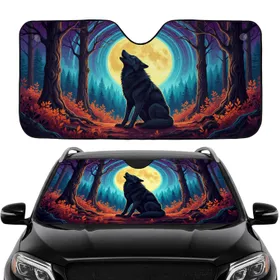Black Wolf Howling Yellow Full Moon Gnarled Trees Autumn Night - Car Interior Upgrade Car Sunshade