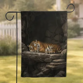 Majestic Bengal Tiger Sleeping on Rugged Rocks - Secluded Jungle Den Decor Gift Garden Flag