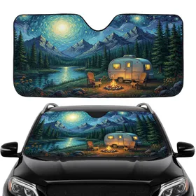 Vintage Travel Trailer Campfire Pine Forest Mountain Night Sky Road Trip Gift Car Sunshade