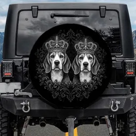 Black White Majestic Beagle Dogs Silver Crowns Filigree Damask - Dignified Dog Lover Car Accessory Spare Tire Cover