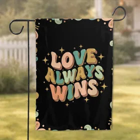 Love Always Wins Message Golden Starbursts Black Background - Celebratory Home Decor Gift Garden Flag