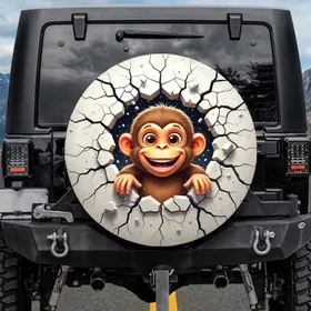 Cheerful Monkey Bursting From Broken Wall Cracks – Outdoor Adventure Lifestyle Gift Spare Tire Cover