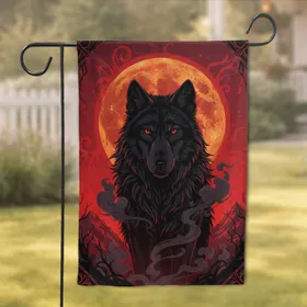 Black Wolf Red Eyes Forest Landscape Full Moon - Wildlife Lover Gift Garden Flag