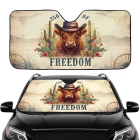 Highland Cow Cowboy Hat American Flag 250 Years of Freedom Road Trip Accessory Car Sunshade