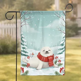 Baby Seal Red Scarf Snowy Landscape - Winter Holiday Gift for Seal Lover Garden Flag
