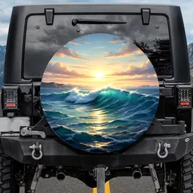 Glowing Teal Water Breaking Ocean Wave Sunlit Clouds Horizon - Outdoor Adventure Gift Spare Tire Cover