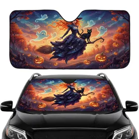 Flying Witch Black Cat Broom Ghosts Jack-O'-Lanterns - Car Interior Upgrade Car Sunshade