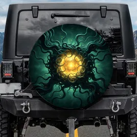 Bioluminescent Golden Sphere Dark Teal Tendrils Cosmic Abyss - Adventure Seeker Gift Spare Tire Cover